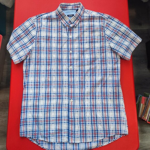 IZOD button down short sleeve shirt white blue red plaid men's size L - Picture 1 of 5